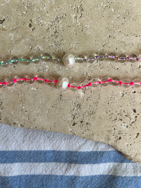 Neon freshwater pearl & quartz necklace