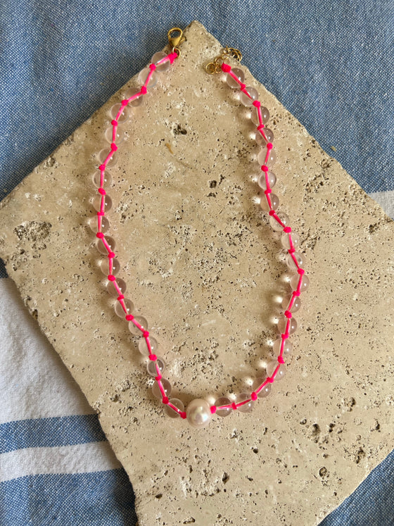 Neon freshwater pearl & quartz necklace