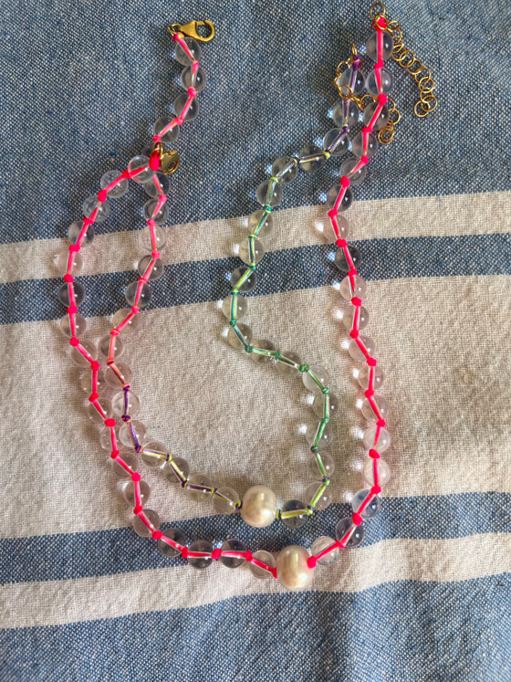 Neon freshwater pearl & quartz necklace