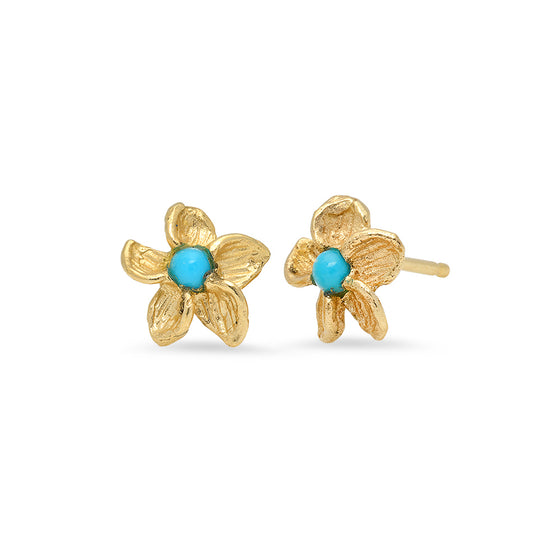 14 Karat Yellow Gold Flower Stud Earrings turquoise