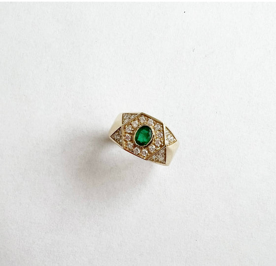 Emerald and diamond hexagon ring
