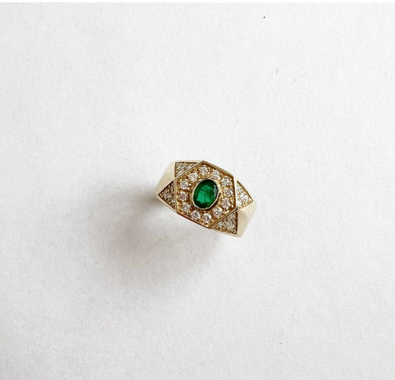 Emerald and diamond hexagon ring